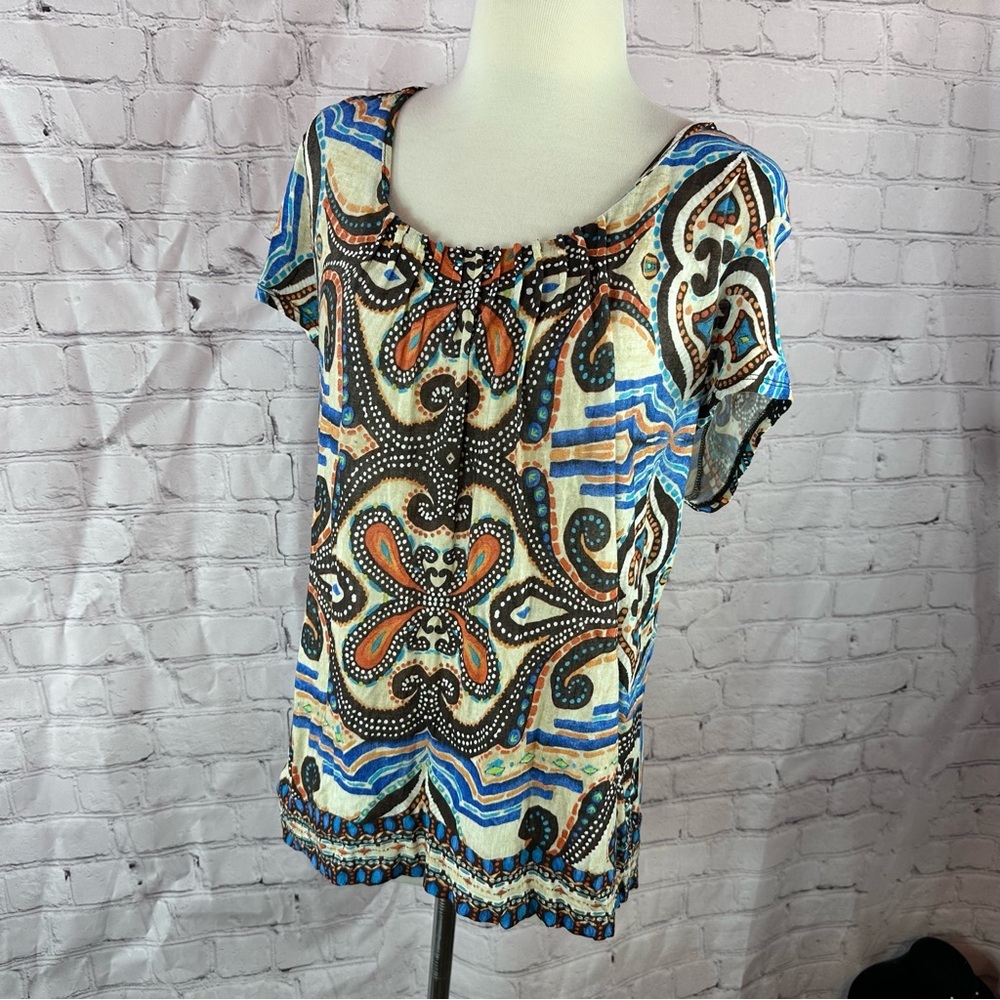 Chico's sz 3 womens XL boho Paisley Short Sleeve Top office laying earthy pleats